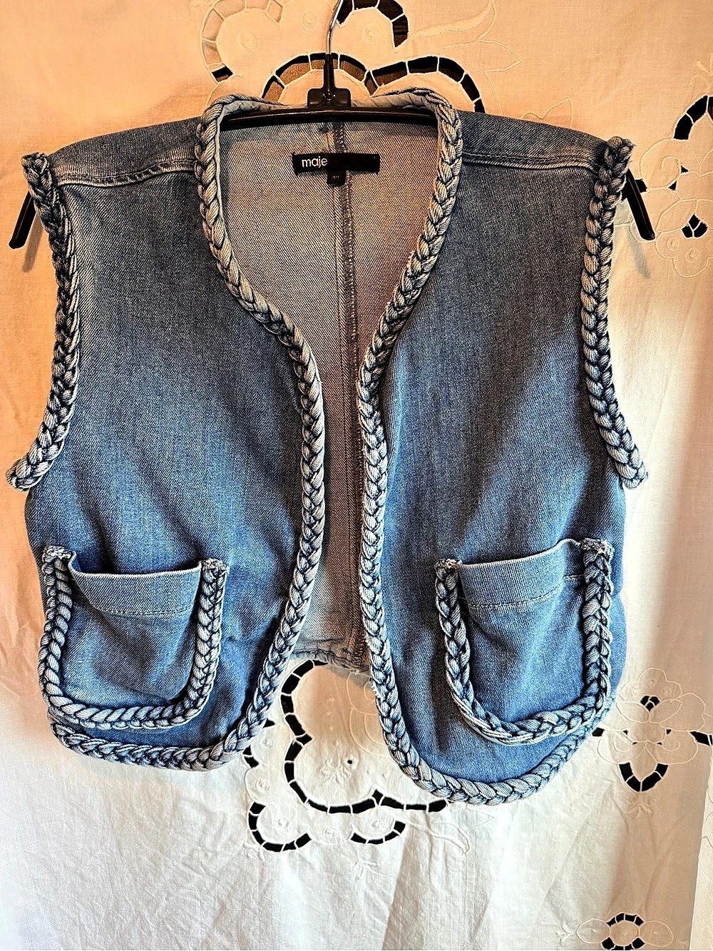 Maje Bouty Denim Vest 36 XS Braided Trim Boho Western Y2K Festival Layering Chic